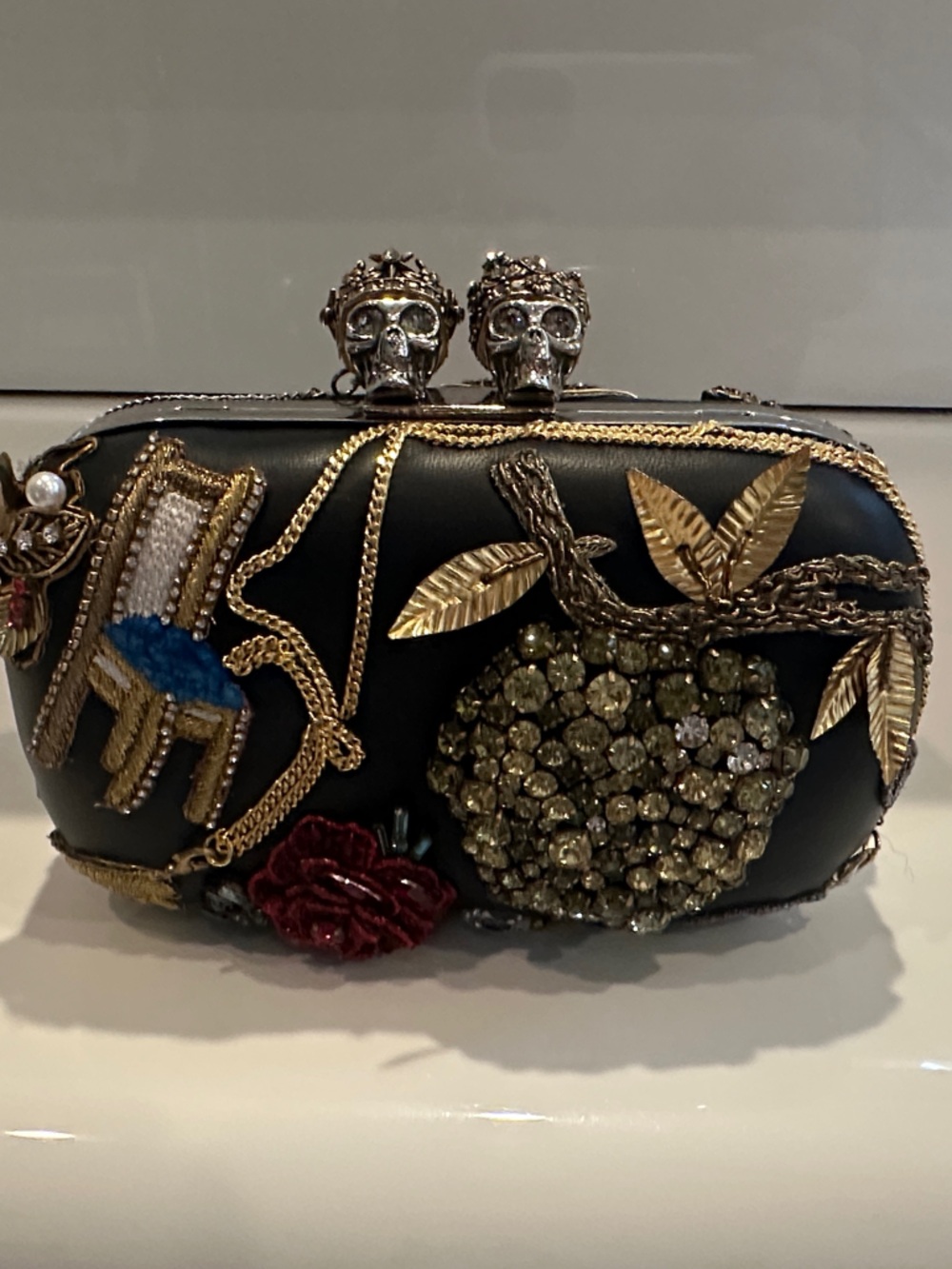 Alexander McQueen Black Embellished Skull-Top Minaudiere with Gold Accents